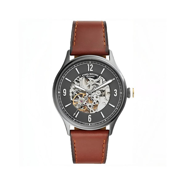 Fossil Forrester Automatic Skeleton Grey Dial Brown Leather Strap Watch for Men - ME3178