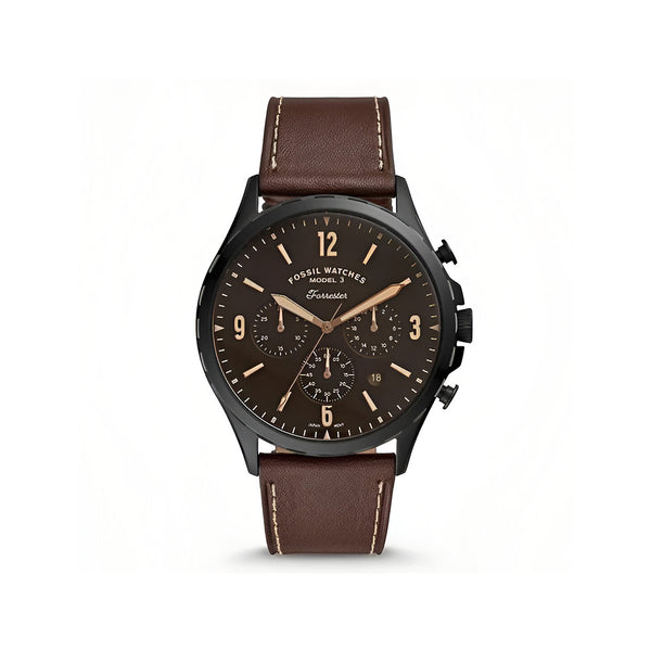 Fossil Forrester Chronograph Black Dial Brown Leather Strap Watch for Men - FS5608