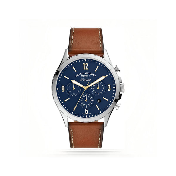 Fossil Forrester Chronograph Blue Dial Brown Leather Strap Watch for Men -  S5607