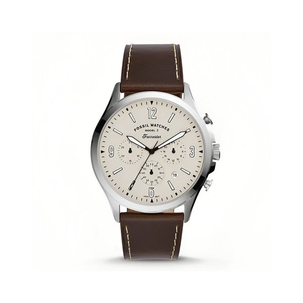 Fossil Forrester Chronograph White Dial Brown Leather Strap Watch for Men - FS5696