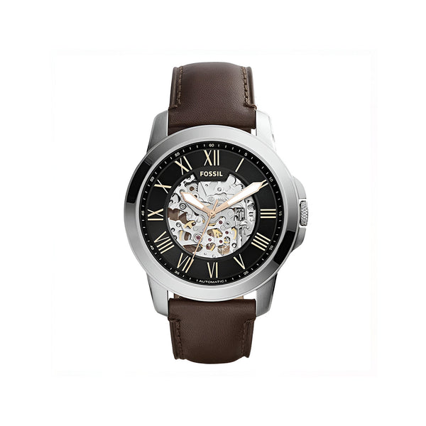 Fossil Grant Automatic Skeleton Black Dial Brown Leather Strap Watch for Men - ME3100