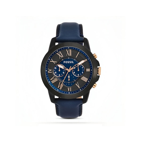 Fossil Grant Chronograph Black Dial Blue Leather Strap Watch for Men - FS5061