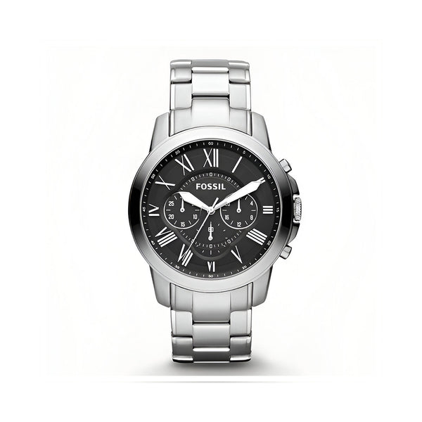 Fossil Grant Chronograph Black Dial Silver Steel Strap Watch for Men - FS4736