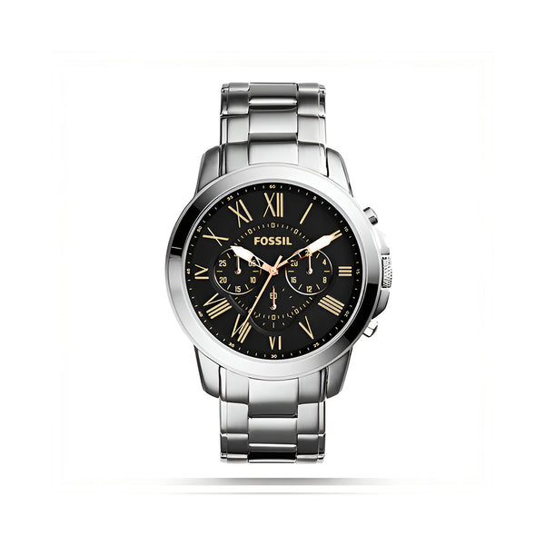 Fossil Grant Chronograph Black Dial Silver Steel Strap Watch for Men - FS4994