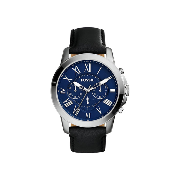 Fossil Grant Chronograph Blue Dial Black Leather Strap Watch for Men - FS4990