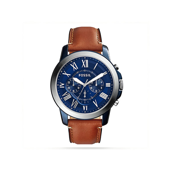 Fossil Grant Chronograph Blue Dial Brown Leather Strap Watch for Men - FS5151