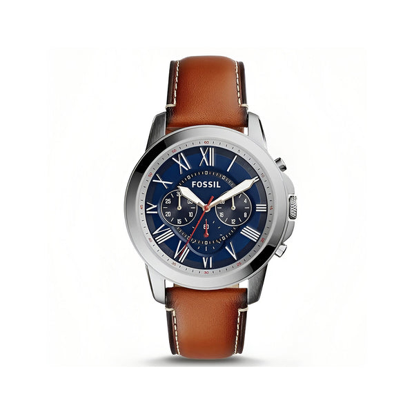 Fossil Grant Chronograph Blue Dial Brown Leather Strap Watch for Men - FS5210