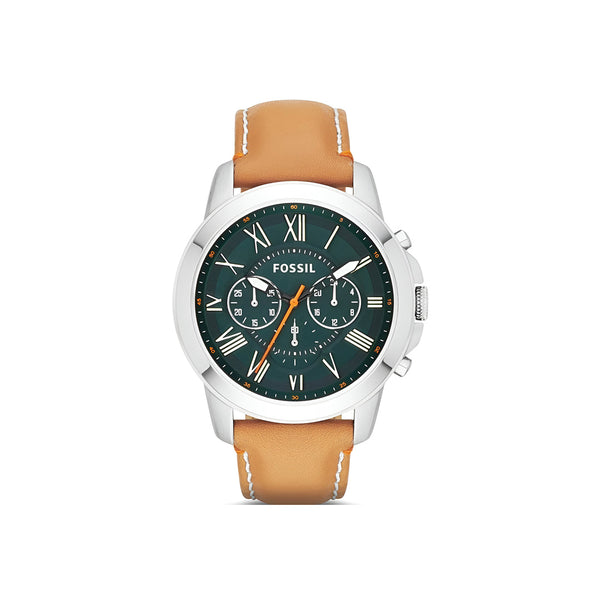 Fossil Grant Chronograph Green Dial Brown Leather Strap Watch for Men - FS4918