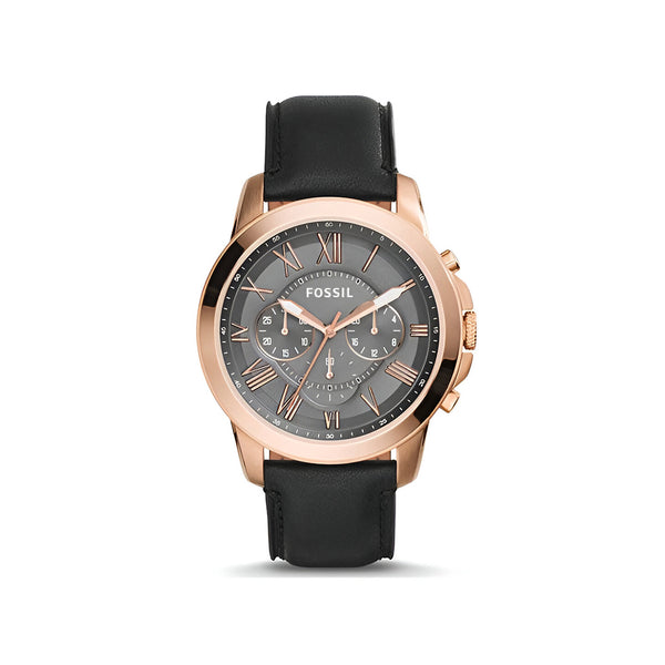 Fossil Grant Chronograph Grey Dial Black Leather Strap Watch for Men - FS5085