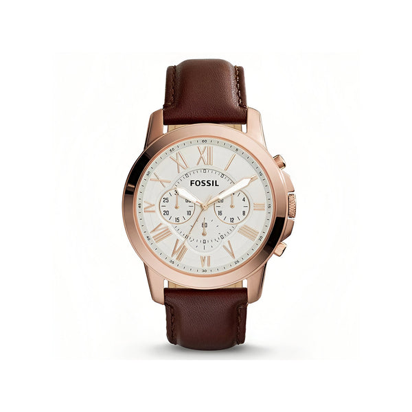 Fossil Grant Chronograph White Dial Brown Leather Strap Watch for Men - FS4991