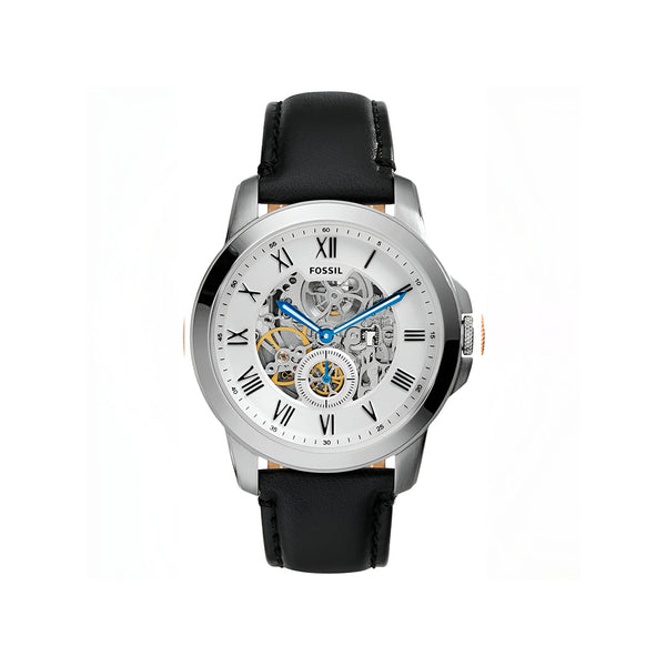 Fossil Grant Skeleton White Dial Black Leather Strap Watch for Men -  ME3053