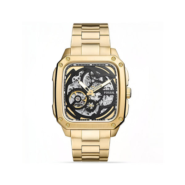 Fossil Inscription Automatic Skeleton Black Dial Gold Steel Strap Watch for Men - BQ2573