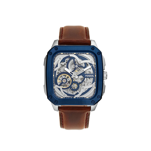 Fossil Inscription Automatic Skeleton Blue Dial Brown Leather Strap Watch for Men - BQ2571