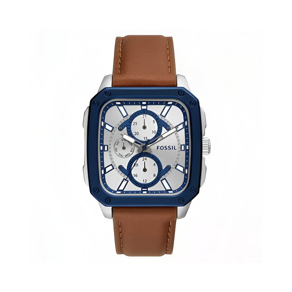 Fossil Inscription Multifunction Silver Dial Brown Leather Strap Watch for Men - BQ2658