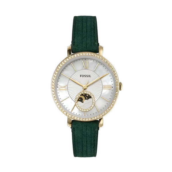 Fossil Jacqueline Multifunction Moonphase White Dial Green  Strap Watch for Women - ES5244