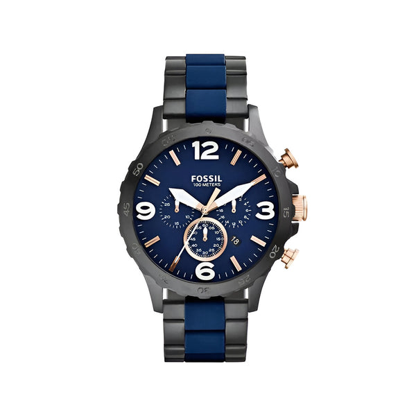 Fossil Nate Chronograph Blue Dial Two Tone Steel Strap Watch for Men - JR1494