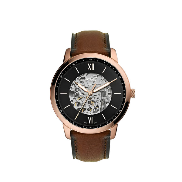 Fossil Neutra Automatic Skeleton Black Dial Brown Leather Strap Watch for Men - ME3195