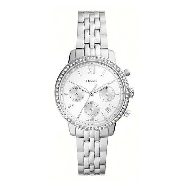 Fossil Neutra Chronograph Silver Dial Silver Steel Strap Watch for Women - ES5217