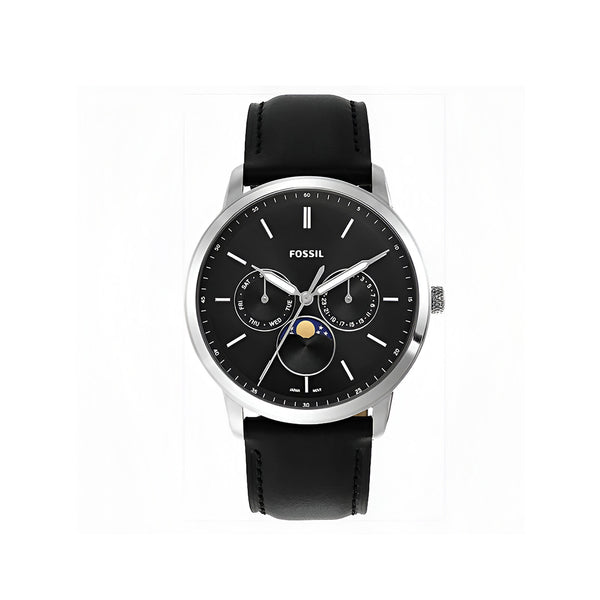 Fossil Neutra Minimalist Moonphase Black Dial Black Leather Strap Watch for Men - FS5904