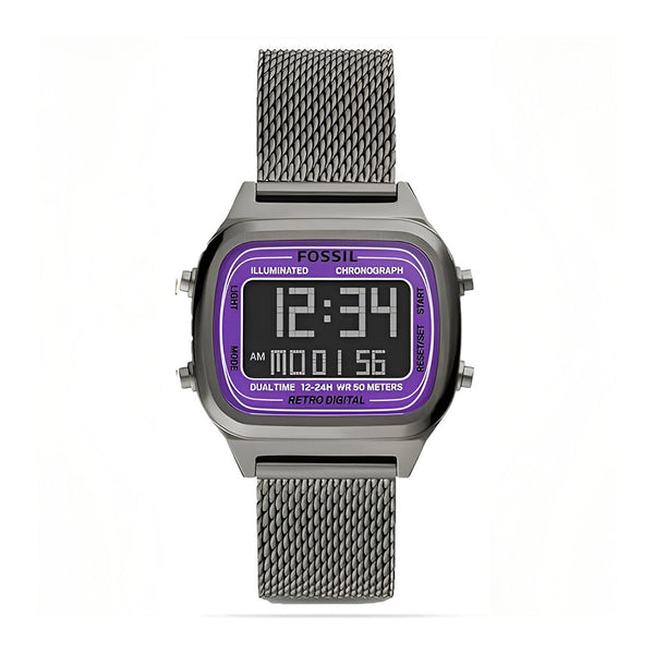 Fossil Retro Digital Purple Dial Grey Mesh Strap Watch for Men - FS5888