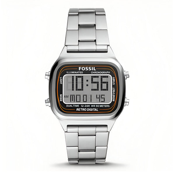 Fossil Retro Digital Silver Dial Silver Steel Strap Watch for Men - FS5844