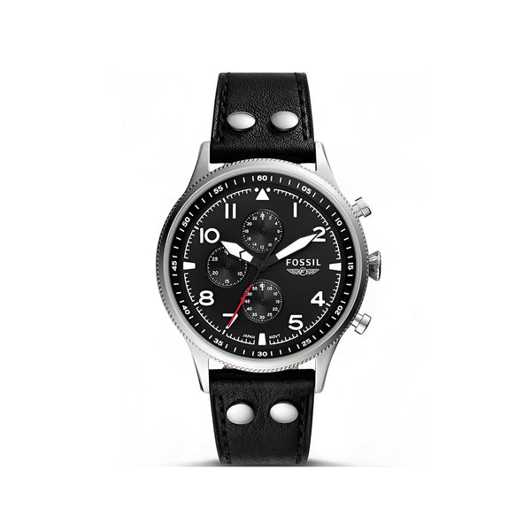Fossil Retro Pilot Chronograph Black Dial Black Leather Strap Watch for Men - FS5806