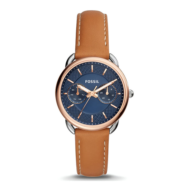 Fossil Tailor Date-Day Quartz Blue Dial Brown Leather Strap Watch for Women - ES4257