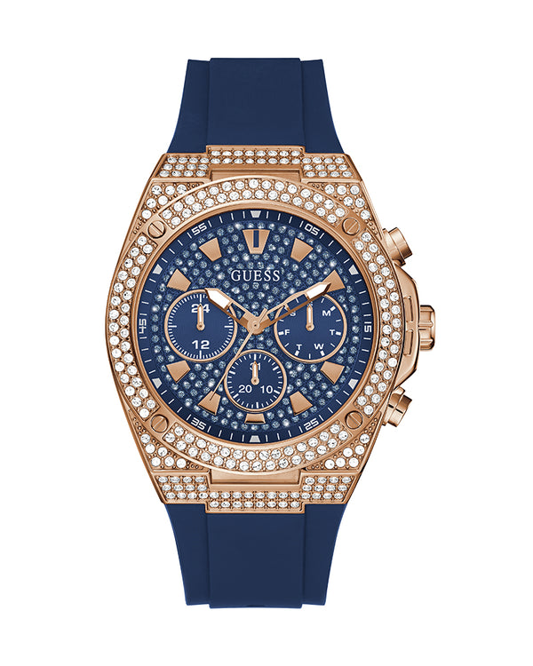 Guess Men's 45mm Rose gold Case with Crystals Blue Chrono Look Dial - GW0060G3