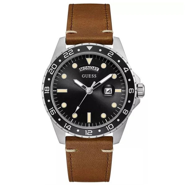 Guess Quartz Brown Leather Strap Black Dial 44mm Watch for Mens- GW0221G3