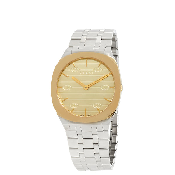 Gucci 25H Quartz Gold Dial Silver Steel Strap Watch for Women - YA163403