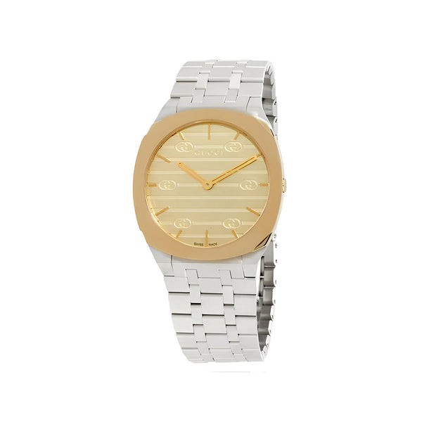 Gucci 25H Quartz Gold Dial Silver Steel Strap Watch for Women - YA163403