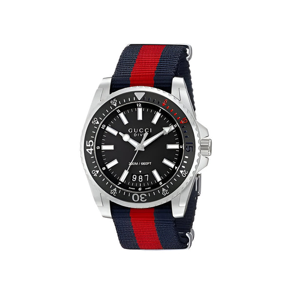 Gucci Dive Black Dial Red & Blue Nylon Strap Watch For Men - YA136210