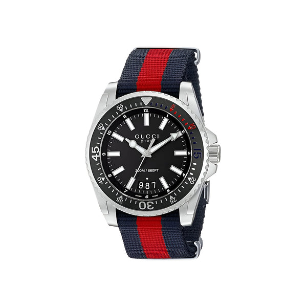 Gucci Dive Black Dial Red & Blue Nylon Strap Watch For Men - YA136210