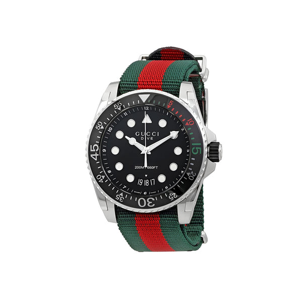 Gucci Dive Black Dial Red & Green Nylon Strap Watch For Men - YA136209