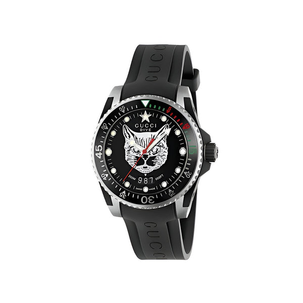 Gucci Dive Feline Black Dial Black Rubber Strap Watch For Men - YA136323
