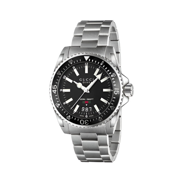 Gucci Dive Quartz Black Dial Silver Steel Strap Watch For Men - YA136301