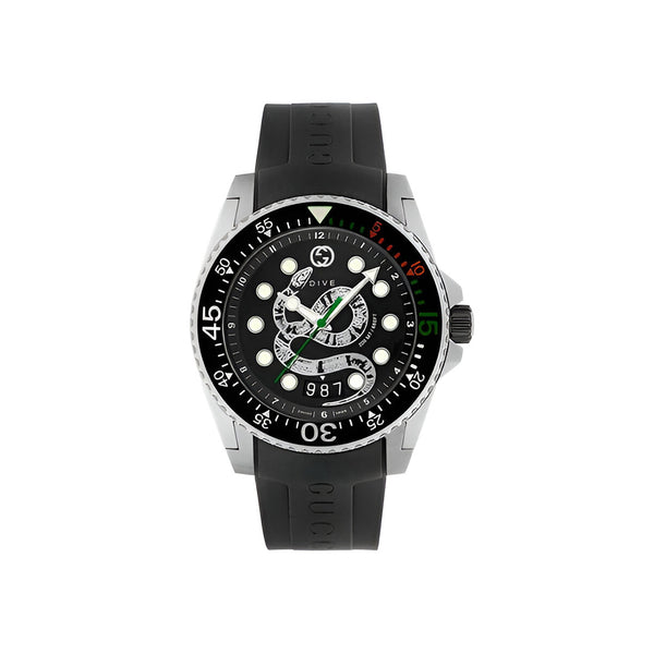 Gucci Dive Quartz Kingsnake Black Dial Black Rubber Strap Watch For Men - YA136217