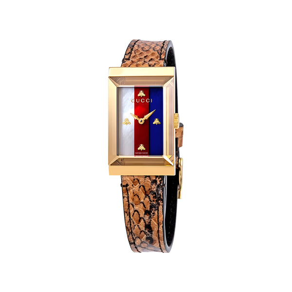 Gucci G-Frame Mother of Pearl Dial Brown Leather Snakeskin Strap Watch For Women - YA147402