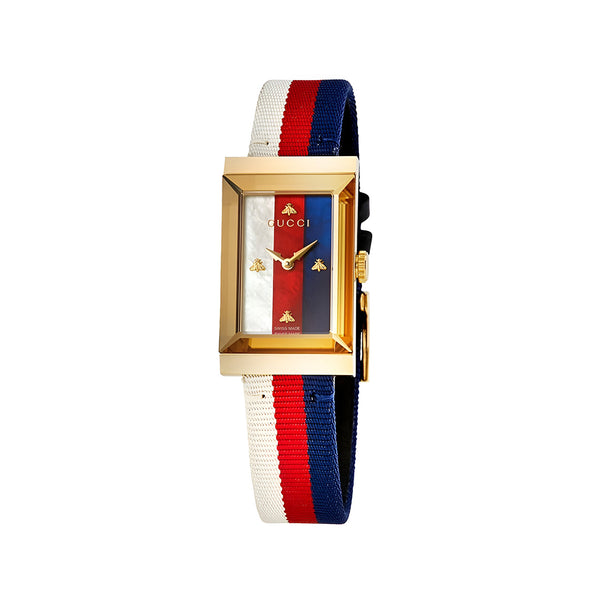 Gucci G-Frame Mother of Pearl Dial White Blue Red Nylon Strap Watch For Women - YA147405