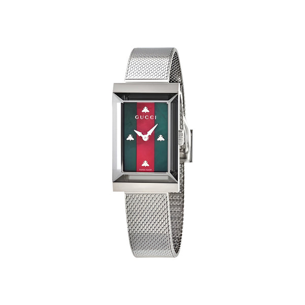 Gucci G Frame Red and Green Dial Silver Mesh Bracelet Watch For Women - YA147401