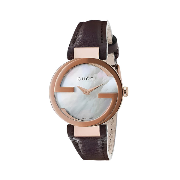 Gucci G Interlocking Mother of Pearl Dial Brown Leather Strap Watch For Women - YA133516