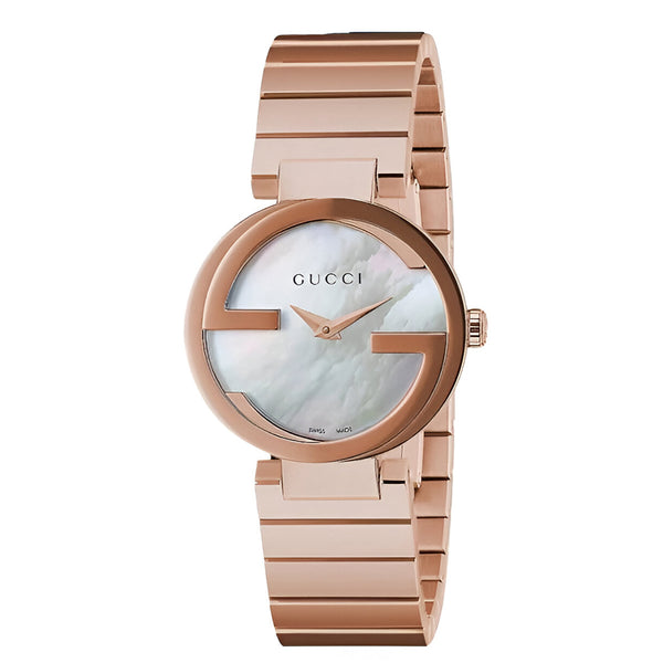 Gucci G Interlocking Mother of Pearl Dial Rose Gold Steel Strap Watch For Women - YA133515