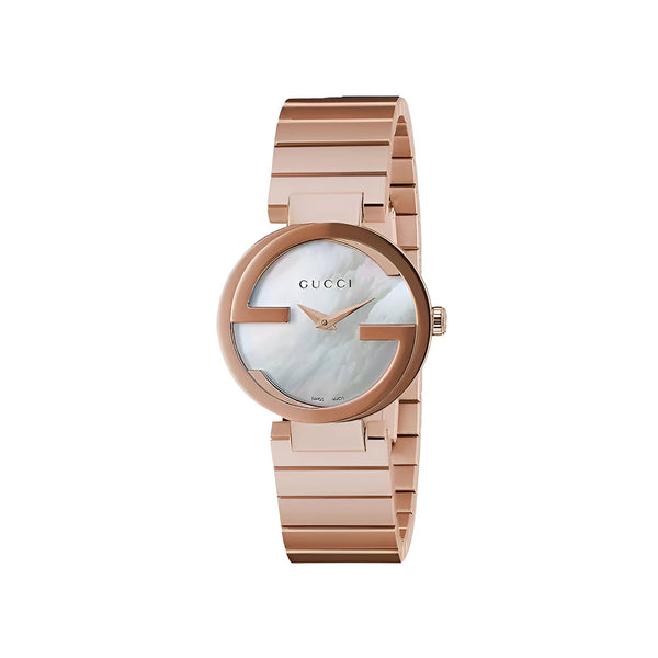Gucci G Interlocking Mother of Pearl Dial Rose Gold Steel Strap Watch For Women - YA133515