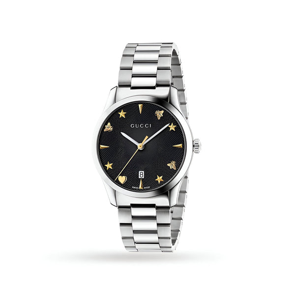 Gucci G Timeless Black Dial Silver Steel Strap Watch For Women - YA1264029A