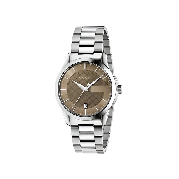 Gucci G Timeless Brown Dial Silver Steel Strap Watch For Men - YA126445