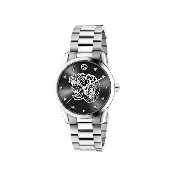 Gucci G Timeless Diamonds Black Dial Silver Steel Strap Watch For Women - YA1264125