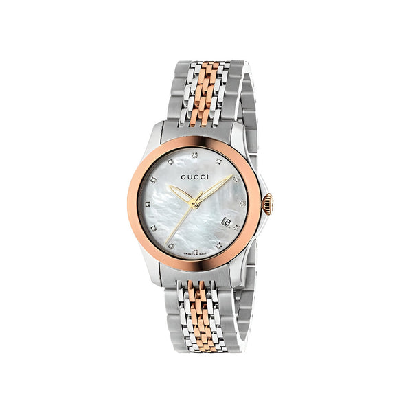 Gucci G Timeless Diamonds Mother of Pearl Dial Two Tone Mesh Bracelet Watch For Women - YA126514