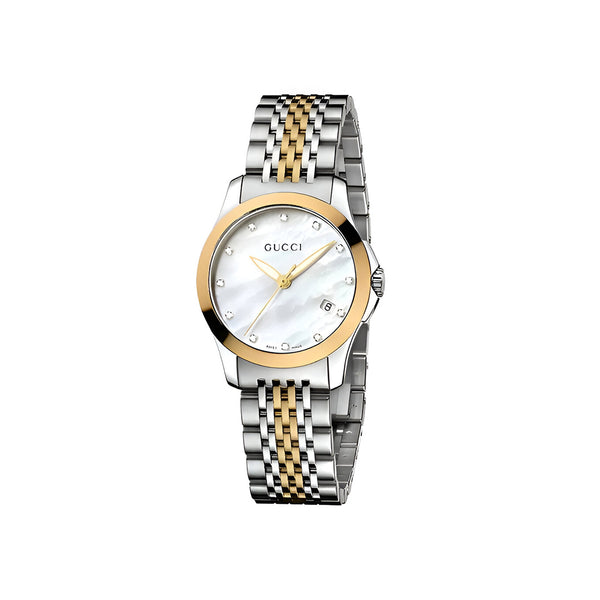 Gucci G Timeless Diamonds Mother of Pearl Dial Two Tone Mesh Bracelet Watch for Women - YA126513