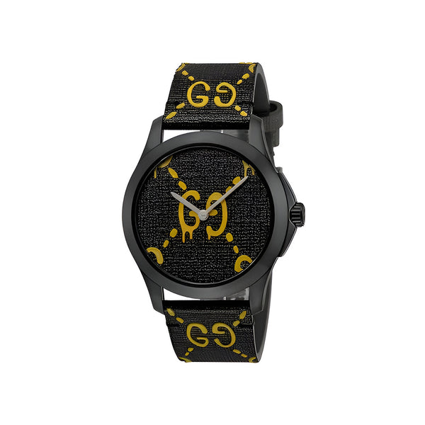 Gucci G Timeless Ghost Black Dial Black Leather Strap Watch For Men - YA1264019