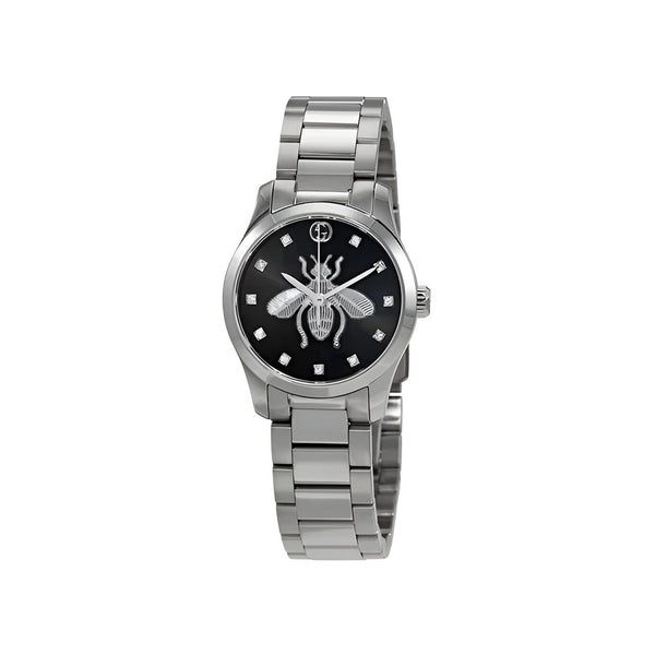 Gucci G Timeless Quartz Diamonds Black Dial Silver Steel Strap Watch For Women - YA1265024